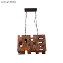 GobekUsa Wooden Rectangle Restaurant Island Chandelier Pendant with Hollow Out Design - Brown, 2/3 Bulbs, Countryside Style