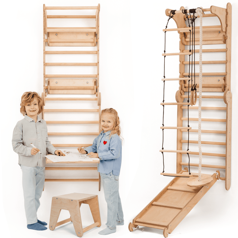 Wooden Swedish Wall / Climbing ladder for Children + Swing Set + Slide Board + Art Add-on