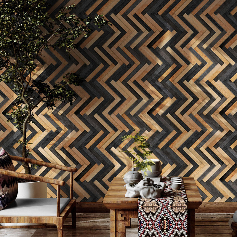 Modern Design Wooden Zigzag Panel Wallpaper Mural.