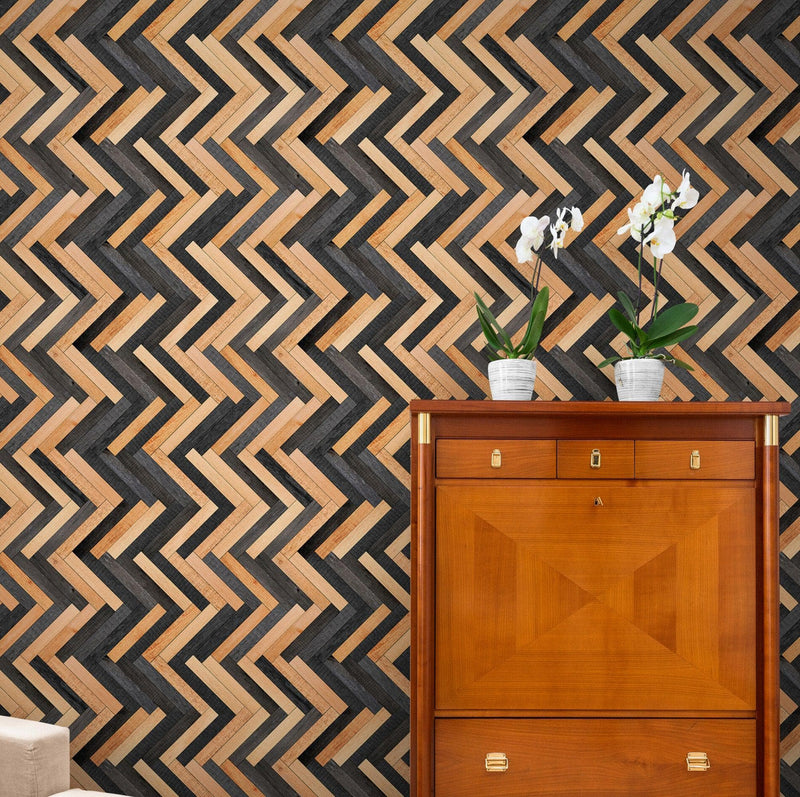 Modern Design Wooden Zigzag Panel Wallpaper Mural.