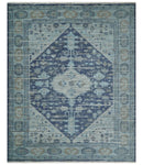 Woolen 8x10 Navy Blue and Beige Traditional Hand Knotted Wool Area Rug