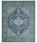 Woolen 8x10 Navy Blue and Beige Traditional Hand Knotted Wool Area Rug
