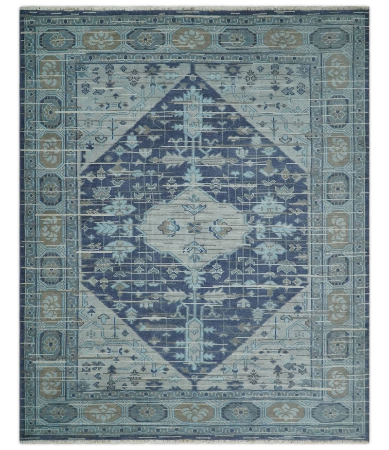 Woolen 8x10 Navy Blue and Beige Traditional Hand Knotted Wool Area Rug
