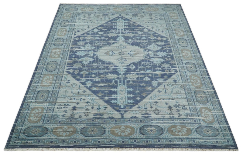 Woolen 8x10 Navy Blue and Beige Traditional Hand Knotted Wool Area Rug
