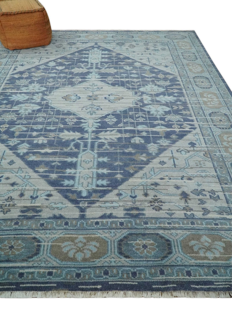 Woolen 8x10 Navy Blue and Beige Traditional Hand Knotted Wool Area Rug