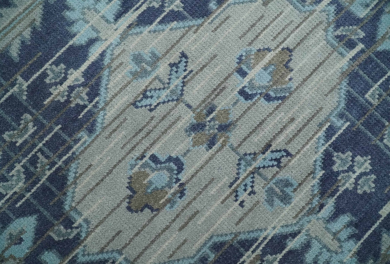 Woolen 8x10 Navy Blue and Beige Traditional Hand Knotted Wool Area Rug