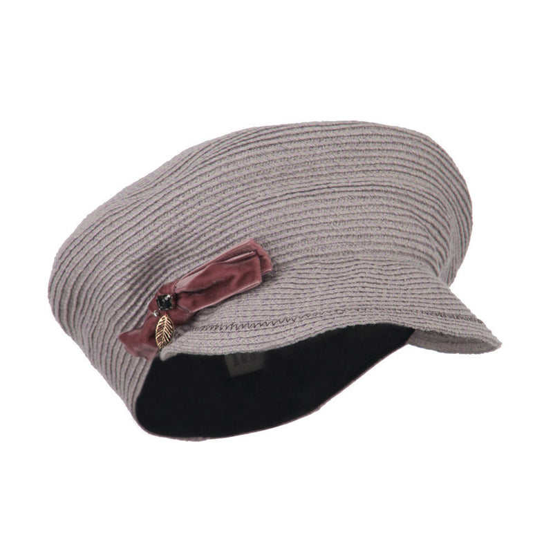 Women's Paper Braid Newsboy Hat with Velvet Bow Trim