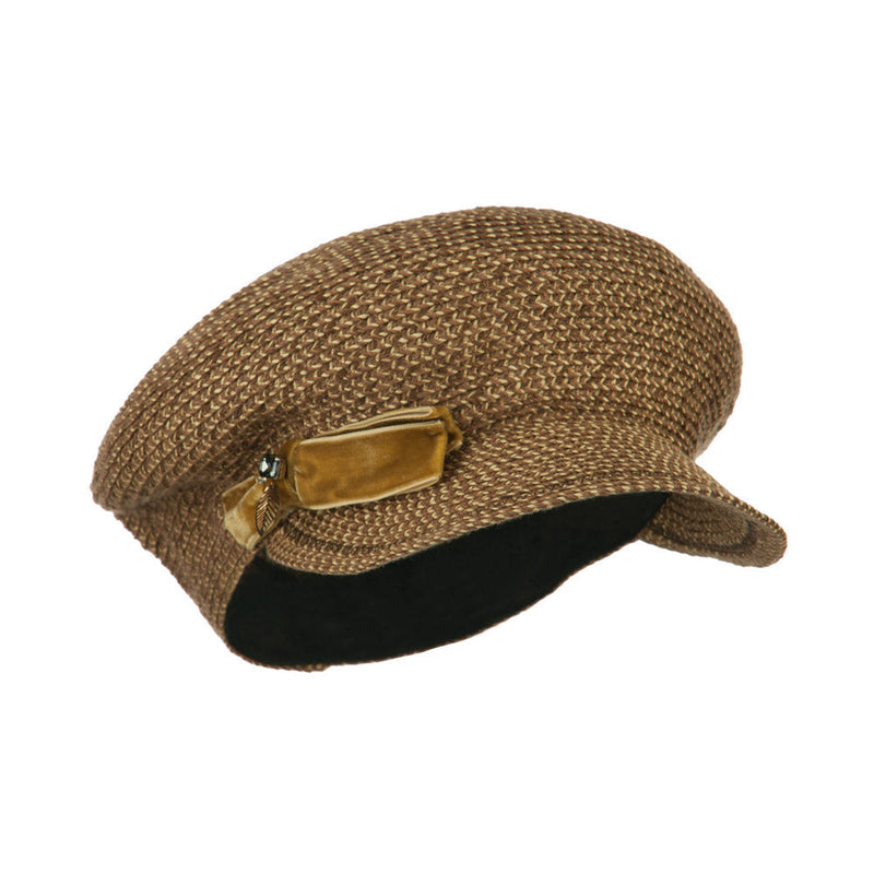Women's Paper Braid Newsboy Hat with Velvet Bow Trim