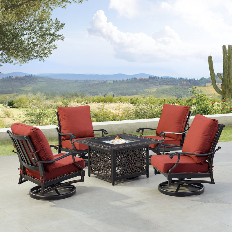 Black Aluminum Fire Table Set with Four Club Chairs