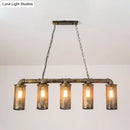 GobekUsa Wrought Iron Pipe Pendant Lighting with 5 Heads - Warehouse Brass Ceiling Light for Restaurant, Kitchen Island - Cylinder Mesh Shade