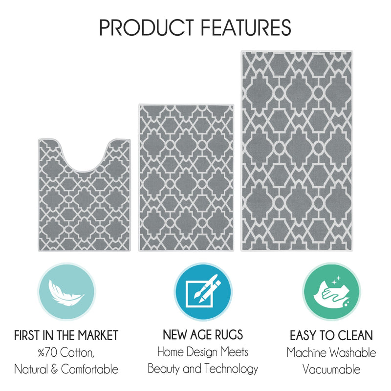 Geometric Graphic Design 3 Piece Bathroom Rugs Set| Gray