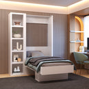 Easy-Lift Twin Murphy Wall Bed in White with Bookshelf