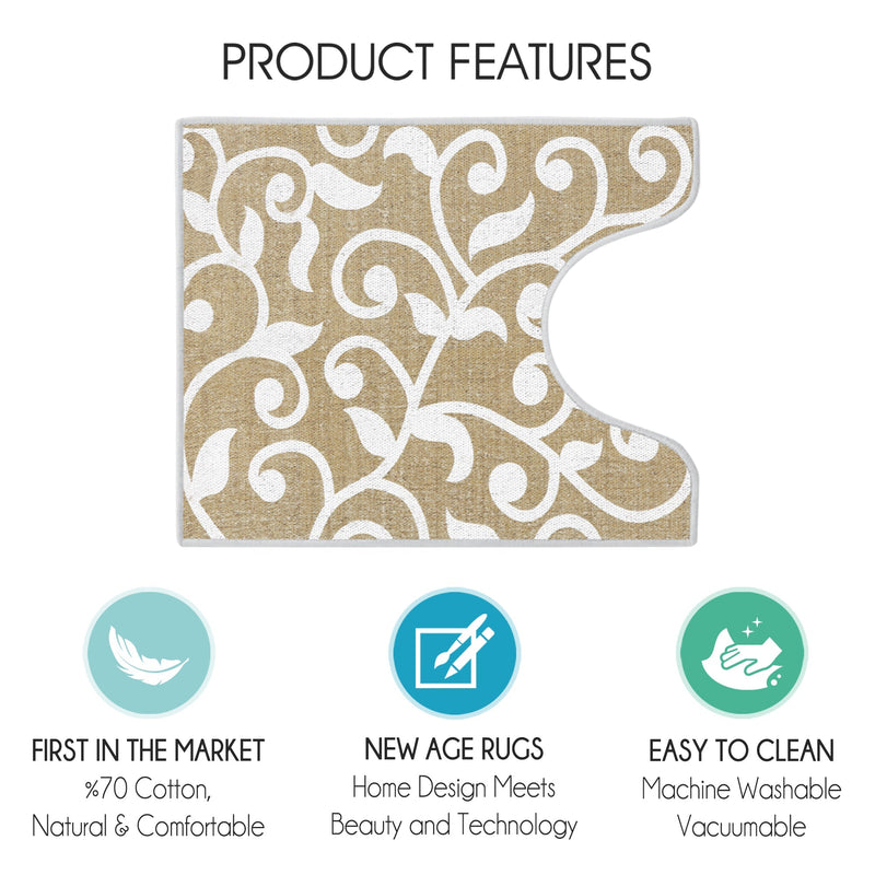 Floral Design U Shape Bathroom Rug | 20”x24" | Beige