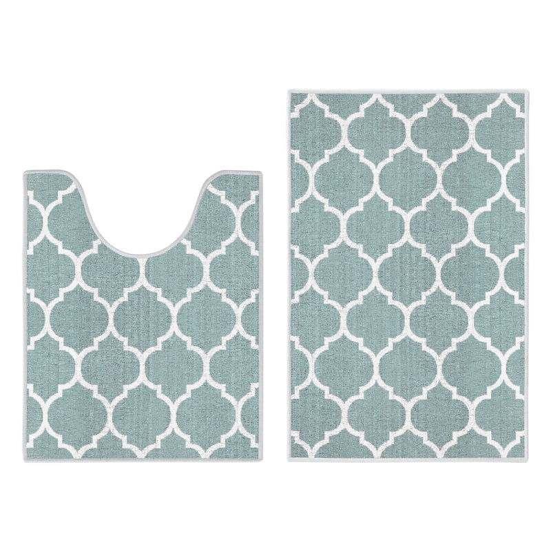 Geometric Design 2 Piece Bathroom Rugs Set | Light Teal