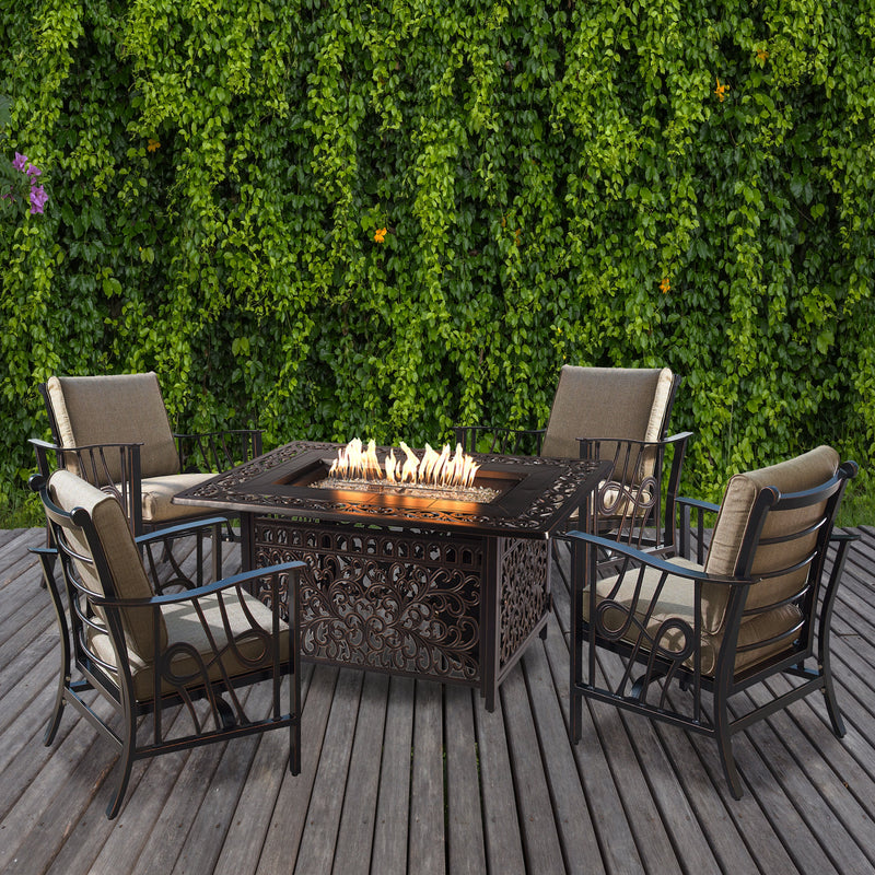 Aluminum 48-in Rectangular Patio Fire Table Set with Rocking Chairs