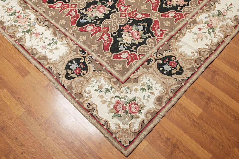 9x12 Brown Hand woven Wool French Flatweave Needlepoint Oriental Area Rug