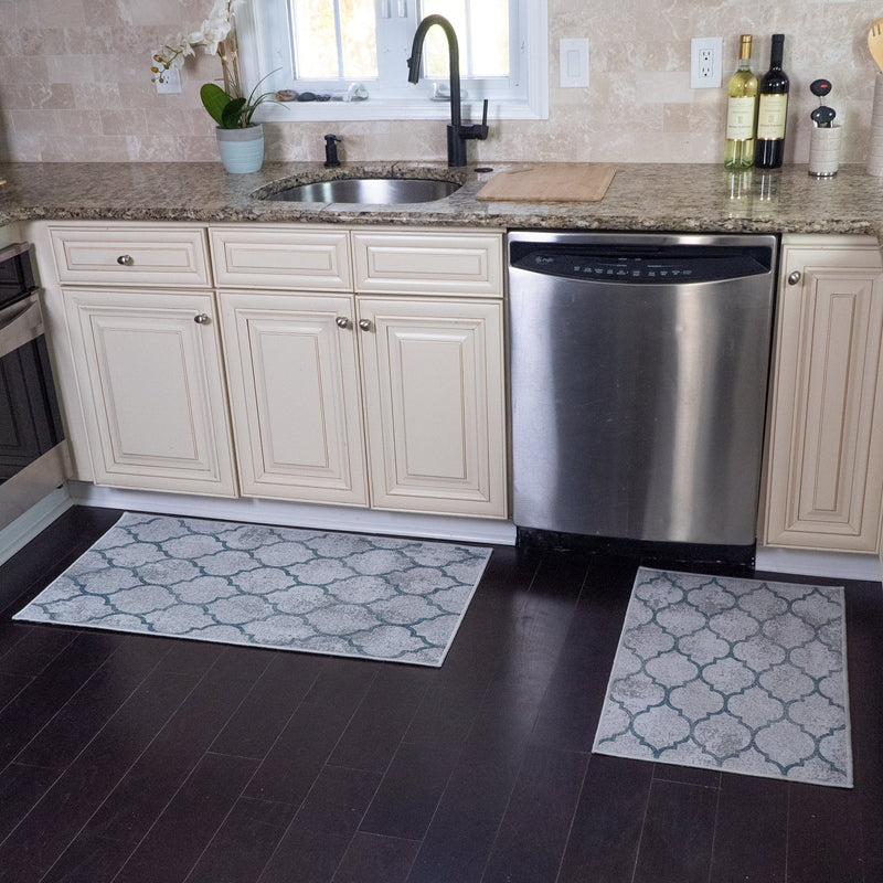 Geometric Design Non Skid Washable Kitchen Runner Rugs Set of 2| 44 x 24 and 31.5 x 20 Inches Floor Mats |Gray&Teal