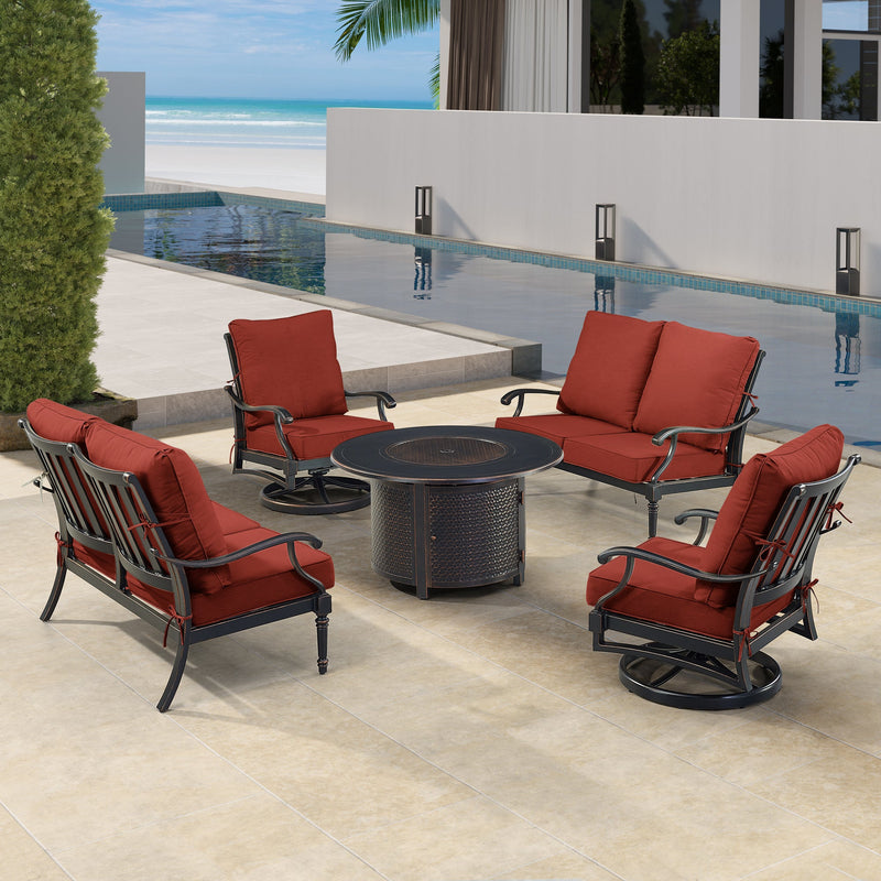 Black Aluminum Fire Table Set with Two Loveseats and Two Club Chairs