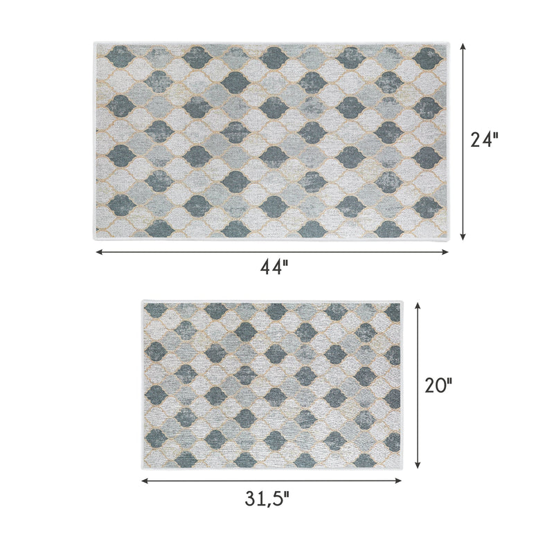 Moroccan Design Non Skid Washable Kitchen Runner Rugs Set of 2| 44 x 24 and 31.5 x 20 Inches Floor Mats |Beige&Gray