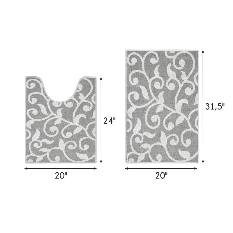 Floral Design 2 Piece Bathroom Rugs Set | Gray