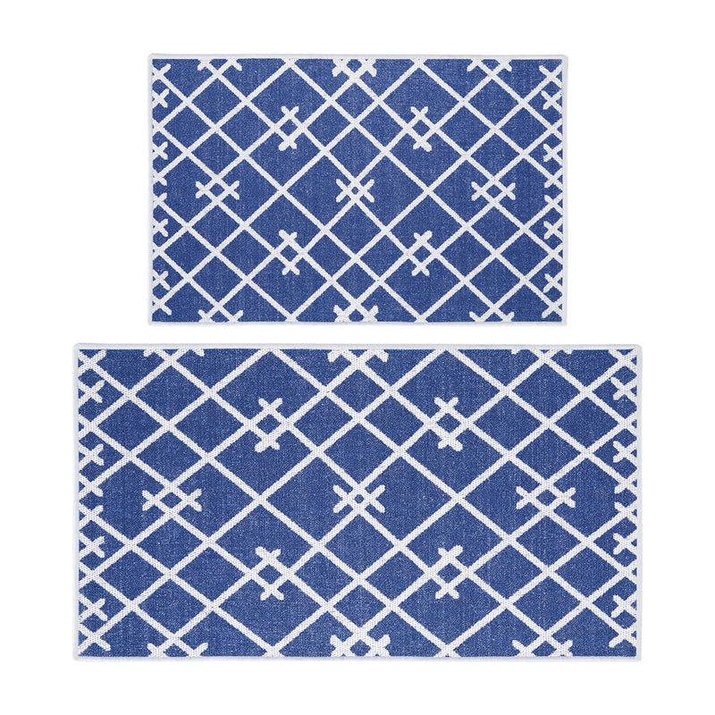 Geometric Design Non Skid Washable Kitchen Runner Rugs Set of 2| 44 x 24 and 31.5 x 20 Inches Floor Mats |Navy