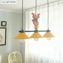 GobekUsa 3-Head Yellow Cone Pendant Lamp with Monkey Décor for Island Lighting