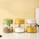 Yellow flip top glass seasoning jar with spoon kitchen spice shaker by Decorbites