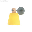 GobekUsa Blue/White/Yellow Macaron Fabric Conical Wall Light Fixture: Unique Sconce Design with Straight Arm and Wooden Lock