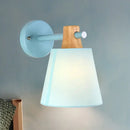 GobekUsa Blue/White/Yellow Macaron Fabric Conical Wall Light Fixture: Unique Sconce Design with Straight Arm and Wooden Lock