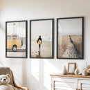 California Beach Set of 3 Prints. Surfer, Retro Van Decor by Wall Art Set