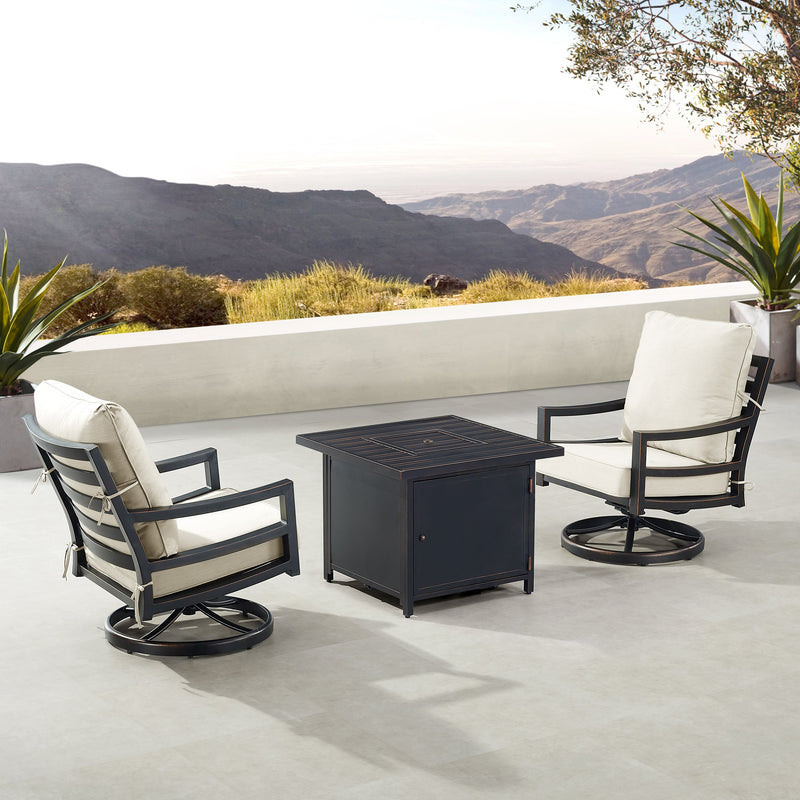 Black Aluminum Fire Table Bistro Set with Two Club Chairs