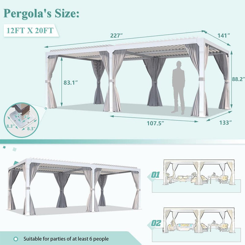 [12x20FT] Outdoor Hardtop Louvered Pergola With Adjustable Aluminum Rainproof Roof (97418625)