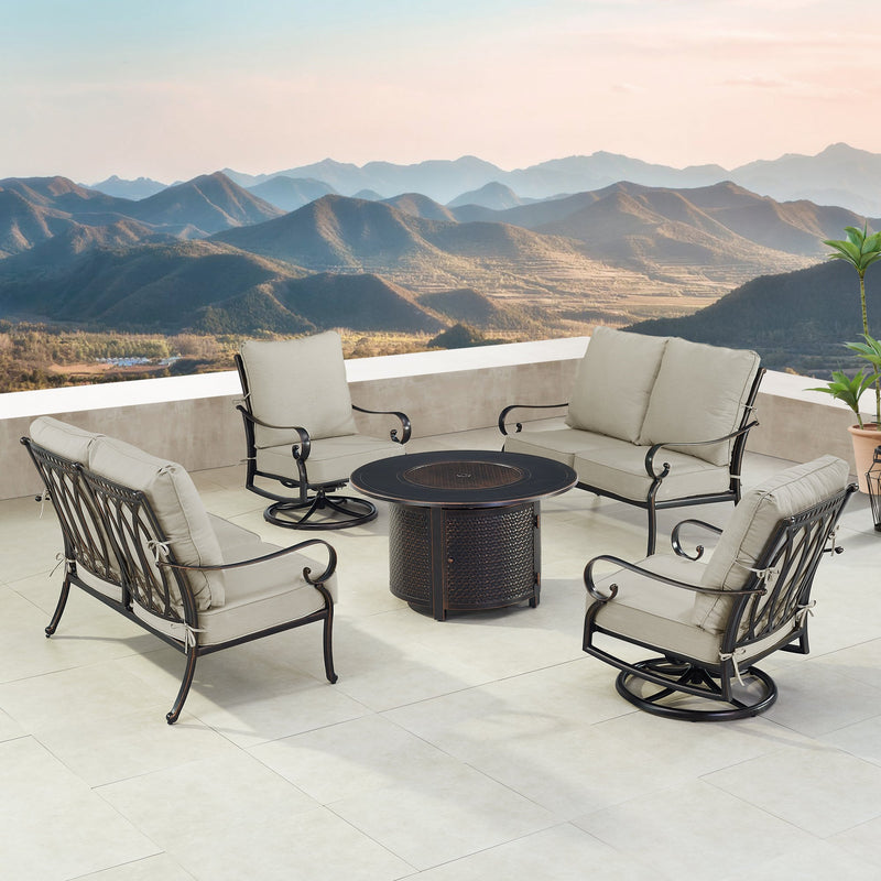 Black Aluminum Fire Table Set with Two Loveseats and Two Club Chairs