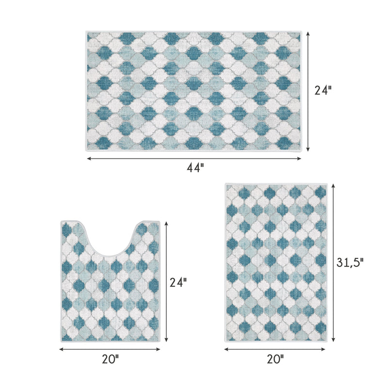 Moroccan Design 3 Piece Bathroom Rugs Set | Gray&Blue