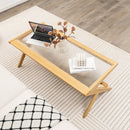 Z-Shaped Handwoven Bamboo Coffee Table with Tempered Glass Top-Natural by LJGDeals