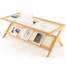 Z-Shaped Handwoven Bamboo Coffee Table with Tempered Glass Top-Natural by LJGDeals