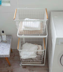 Rolling Laundry Cart + Wire Baskets (38" H) - Steel + Wood by Yamazaki Home