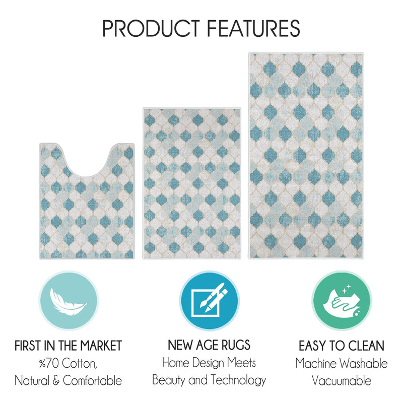 Moroccan Design 3 Piece Bathroom Rugs Set |Beige&Blue