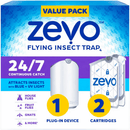 Zevo 1 Flying Insect Traps & 2 Refill Cartridges - Plug in Fly Trap & Indoor Bug Catcher for Gnats, House & Fruit Flies - Blue & UV Light Technology, Mess-Free Alternative to Bug Zapper