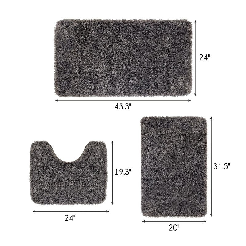 Solid Gray Bathroom Rugs Sets, Shower Rugs with Toilet Rugs U Shaped |Set of 3