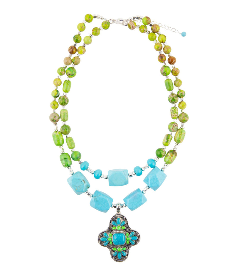 Zion Lime Green and Blue Turquoise and Sterling Silver Statement Necklace