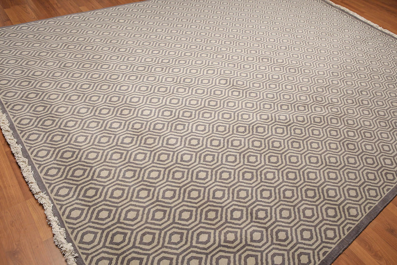 9' x 12' Hand Knotted Honeycomb Wool Full Pile Oriental Area Rug Light Gray
