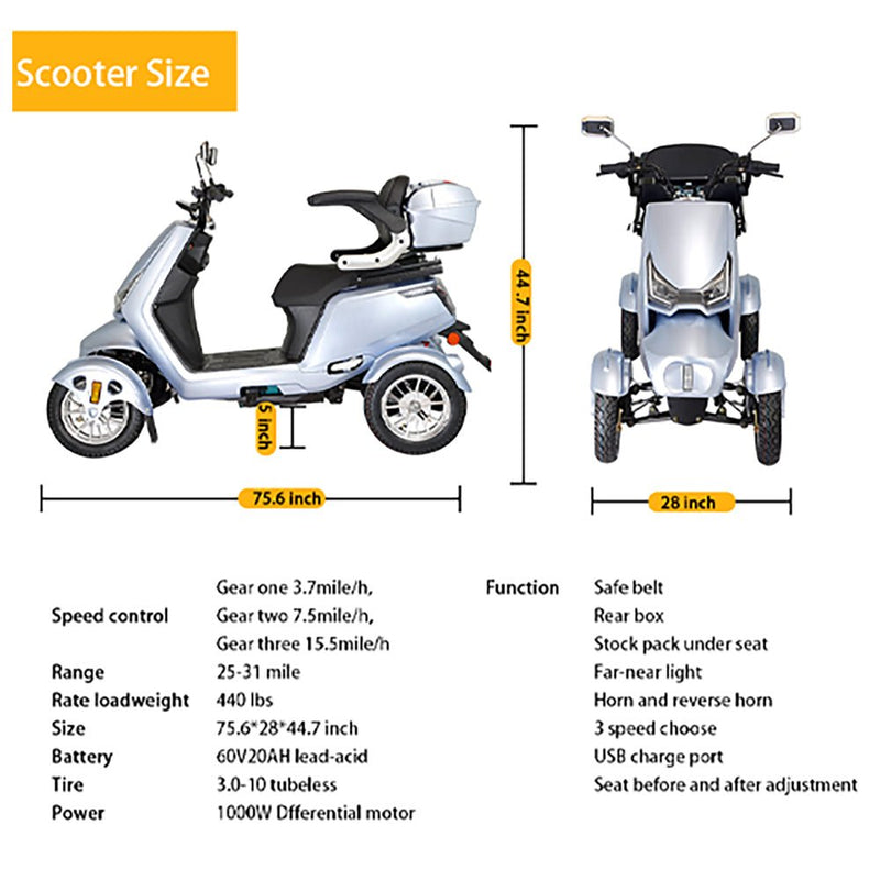 Zvg Heavy-Duty 1000W 60V20AH Four Wheel All-Terrain Travel Mobility Scooter, 440LBS (SAK97245)