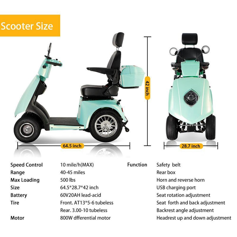 Zvg Heavy-Duty 800W 60V/20AH 4-Wheel Elderly Handicap Adult Mobility Power Travel Scooter, 500LBS (SAK95736)