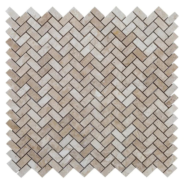 Medium Beige Travertine Tumbled Herringbone Mosaic Floor and Wall Tile, photo 2 of 4