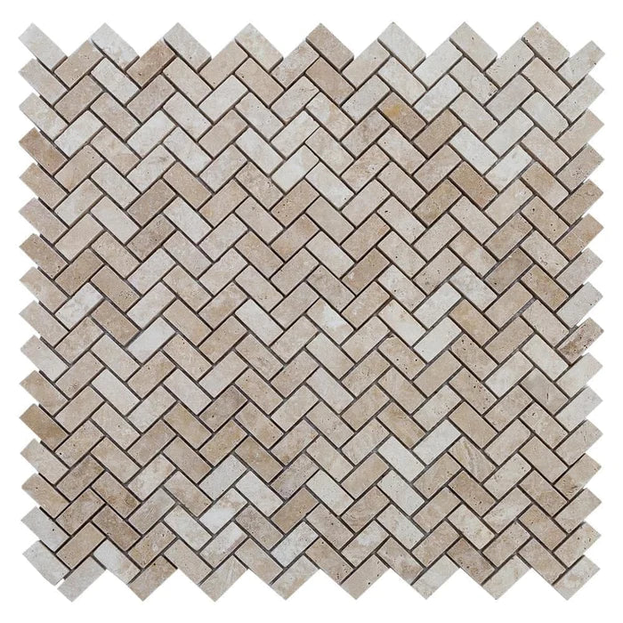 Medium Beige Travertine Tumbled Herringbone Mosaic Floor and Wall Tile (10 sqft per box)