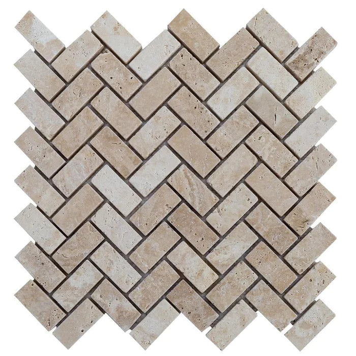 Medium Beige Travertine Tumbled Herringbone Mosaic Floor and Wall Tile (10 sqft per box)
