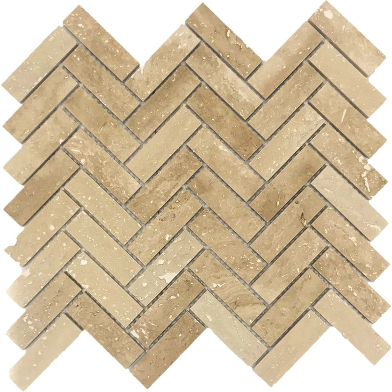 Patara Herringbone 12" x 12" Honed Travertine Mesh-Mounted Mosaic Tile SKU-HS1x3HMOSHF Mesh view on white background