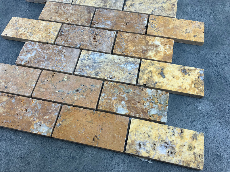 Scabos Travertine 2"x4" Brick Honed on 12" x 12" Mesh Mosaic Tile