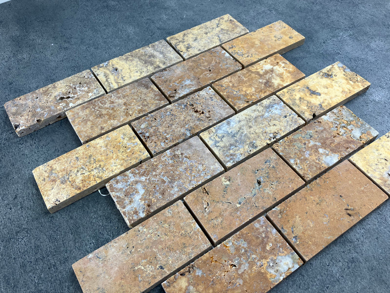 Scabos Travertine 2"x4" Brick Honed on 12" x 12" Mesh Mosaic Tile
